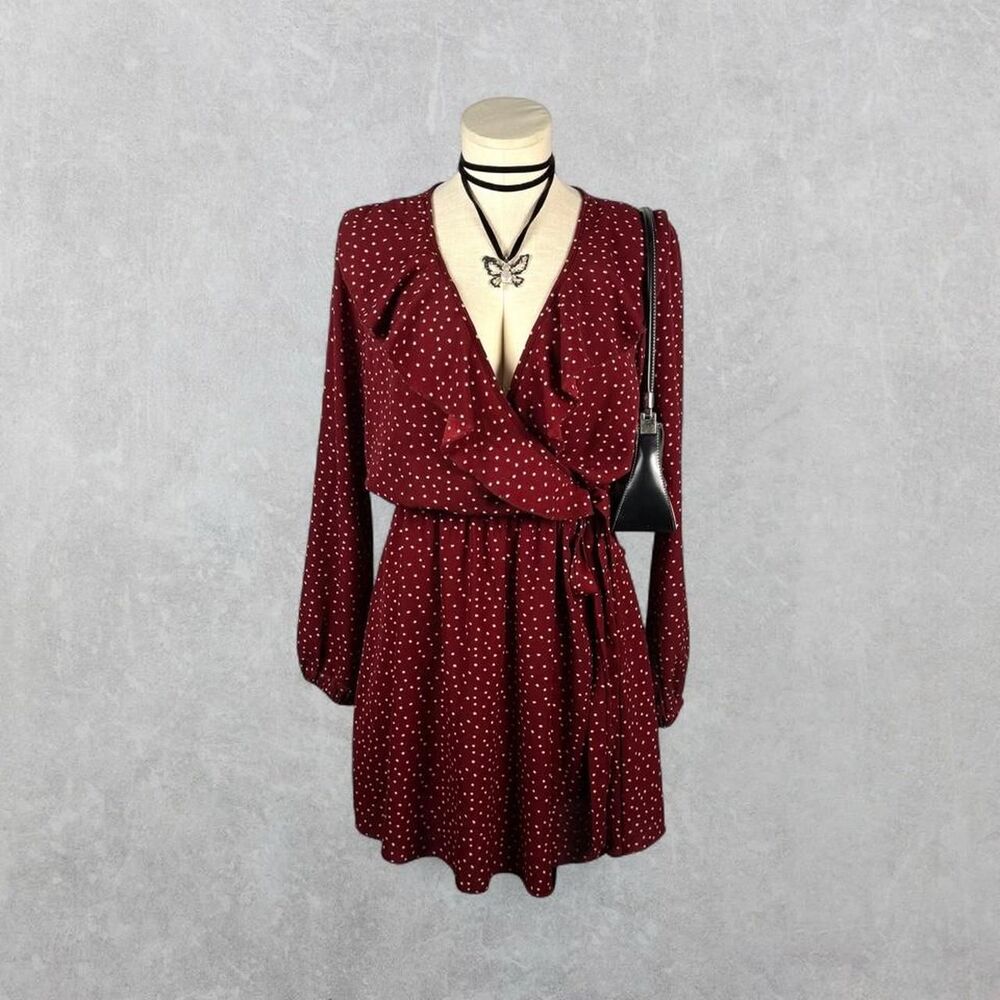 Rue21 Burgundy Red Polka Dot Faux Wrap Mini Dress